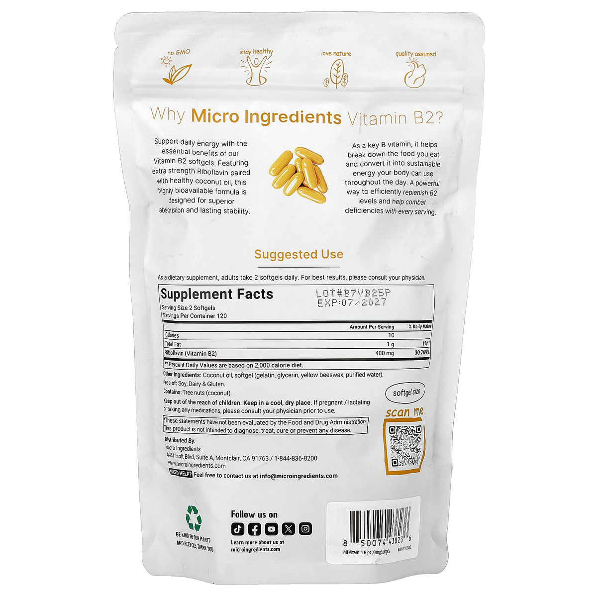 Micro Ingredients, Vitamin B2 Riboflavin, 240 Softgels (200 mg per Softgel)