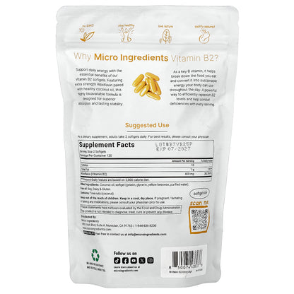 Micro Ingredients, Vitamin B2 Riboflavin, 240 Softgels (200 mg per Softgel)