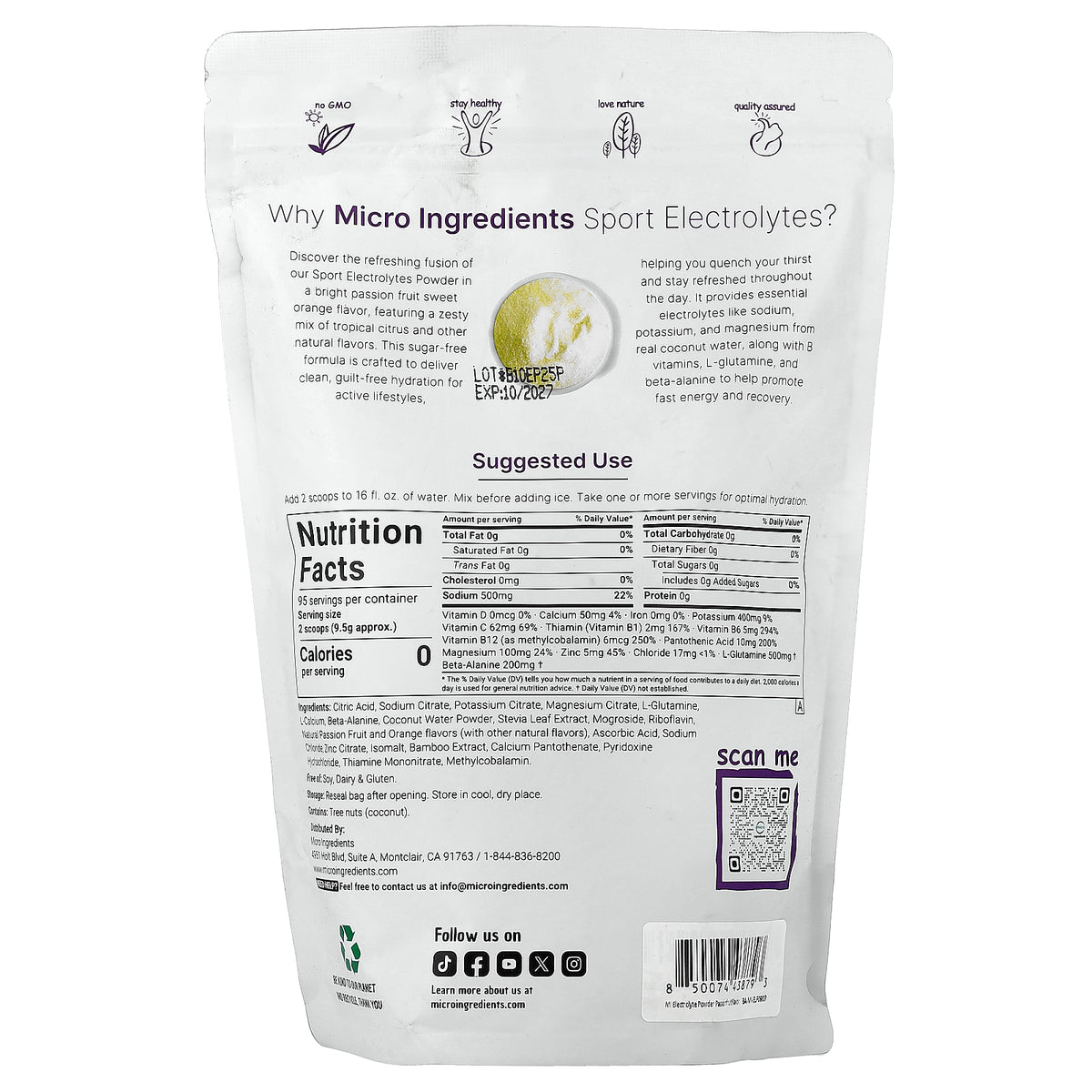 Micro Ingredients, Sport Electrolytes Powder, Passion Fruit & Citrus, 2 lbs (907 g)