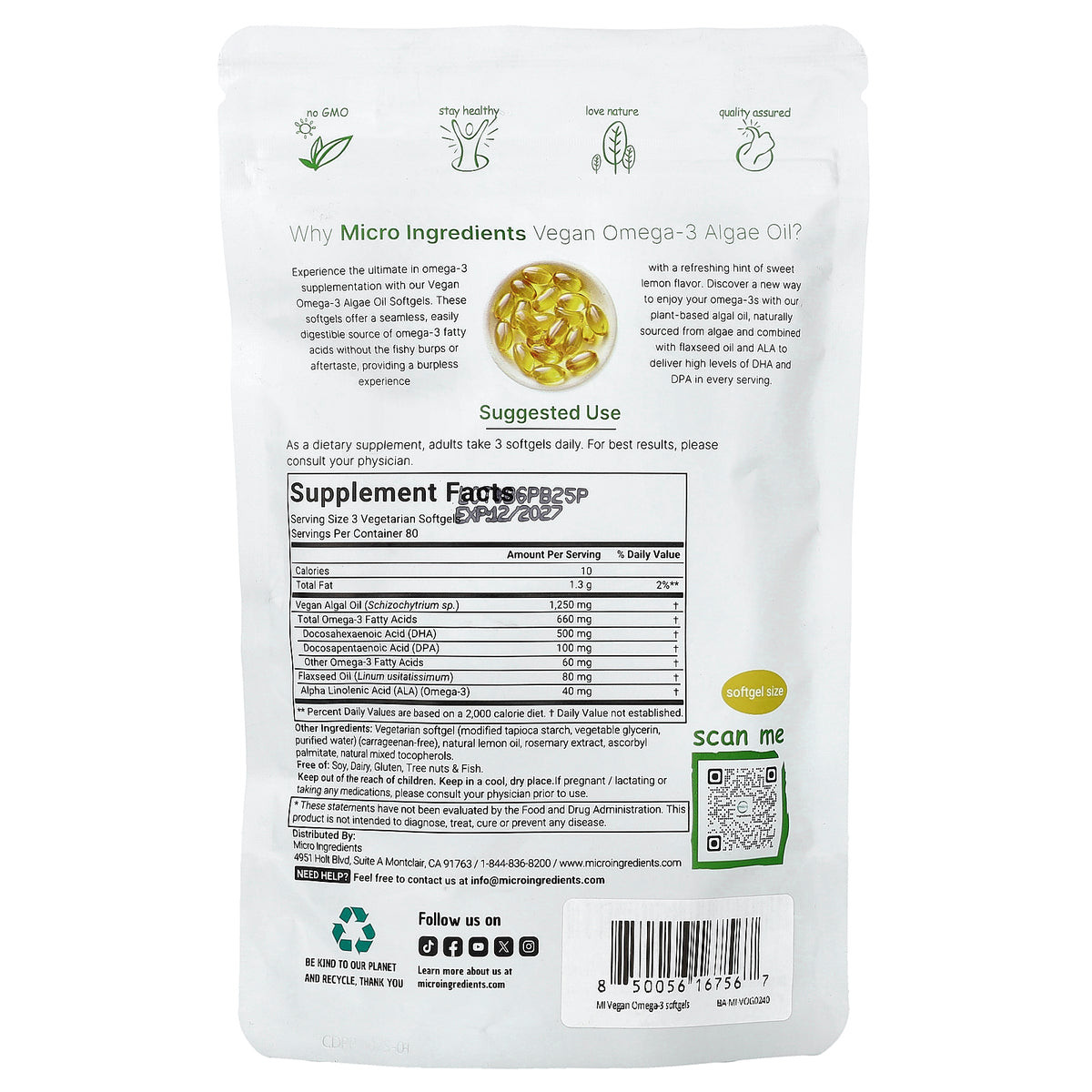 Micro Ingredients, Vegan Omega-3 Algae Oil, Lemon, 240 Vegetarian Softgels