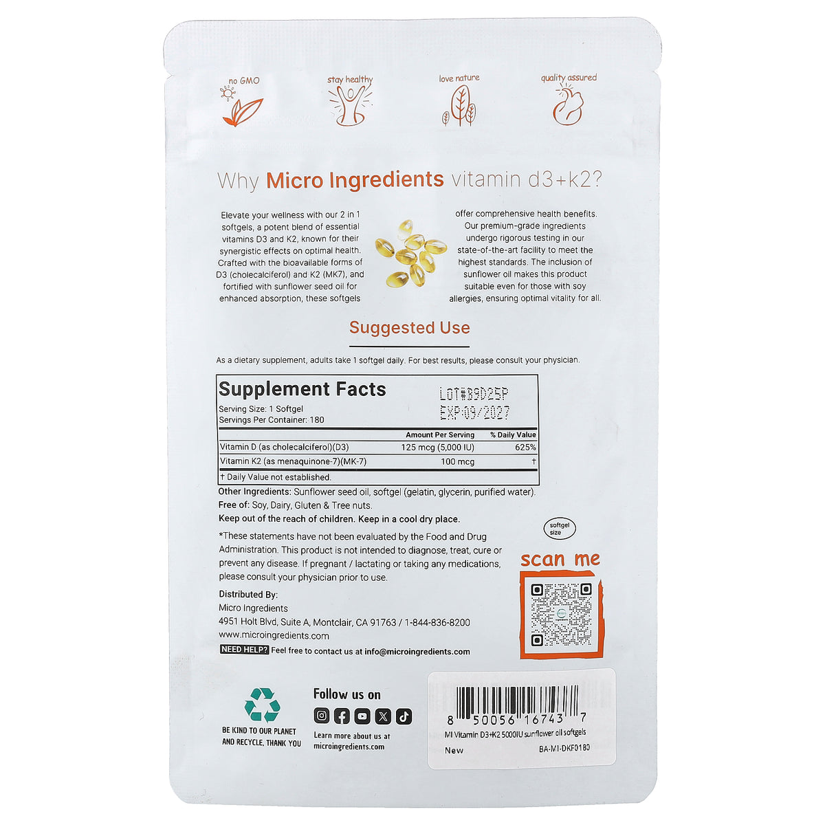 Micro Ingredients, Vitamin D3 + K2, 180 Softgels