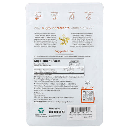 Micro Ingredients, Vitamin D3 + K2, 180 Softgels