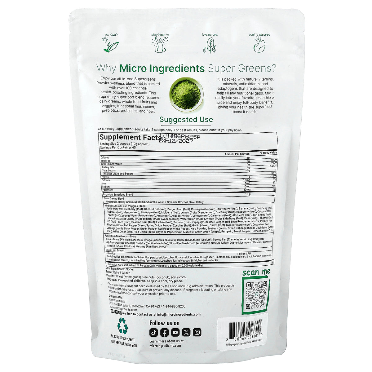 Micro Ingredients, Super Greens, Superfood Powder, Original, 1 lb (454 g)