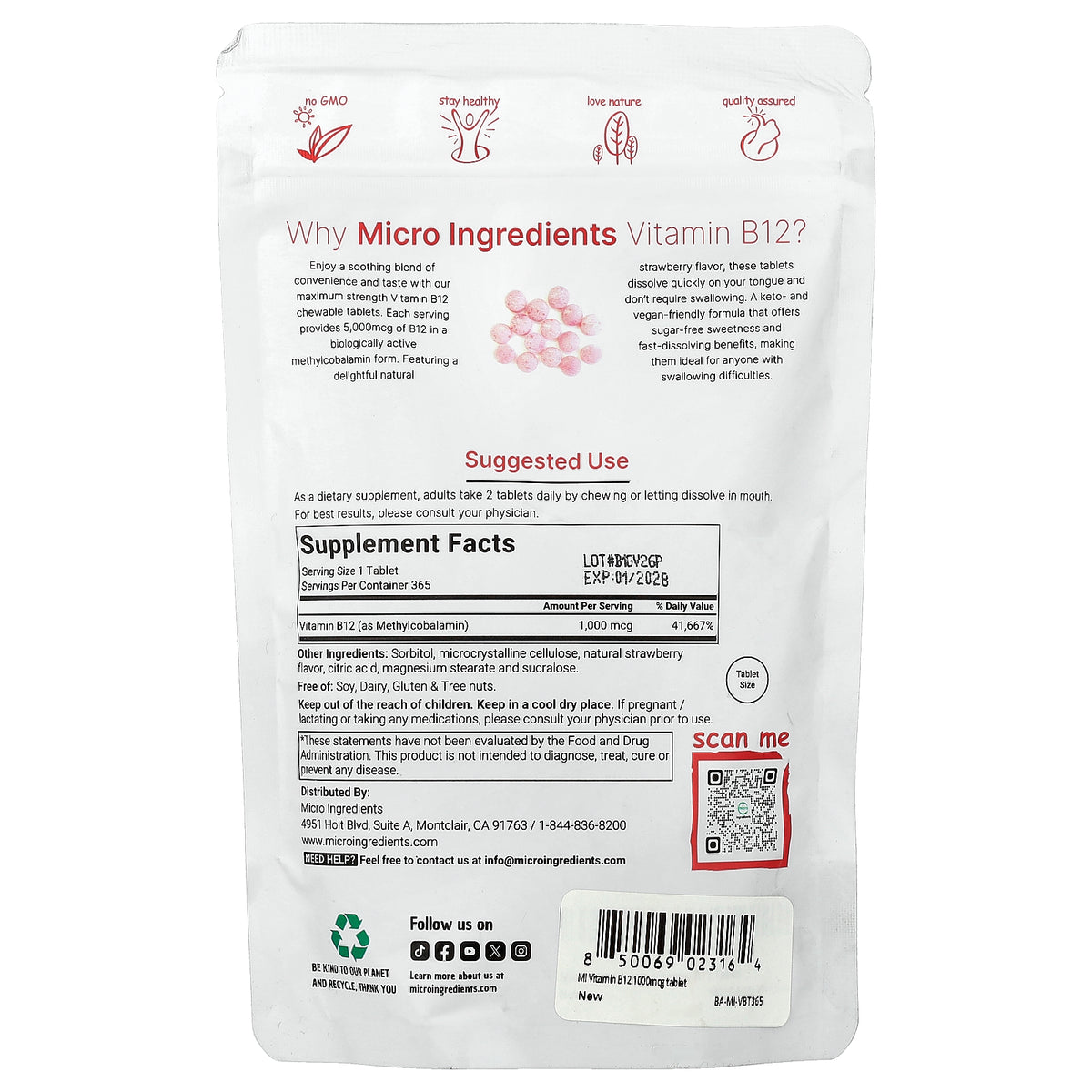 Micro Ingredients, Vitamin B12, Natural Strawberry, 1,000 mcg, 365 Chewable Tablets