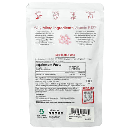 Micro Ingredients, Vitamin B12, Natural Strawberry, 1,000 mcg, 365 Chewable Tablets