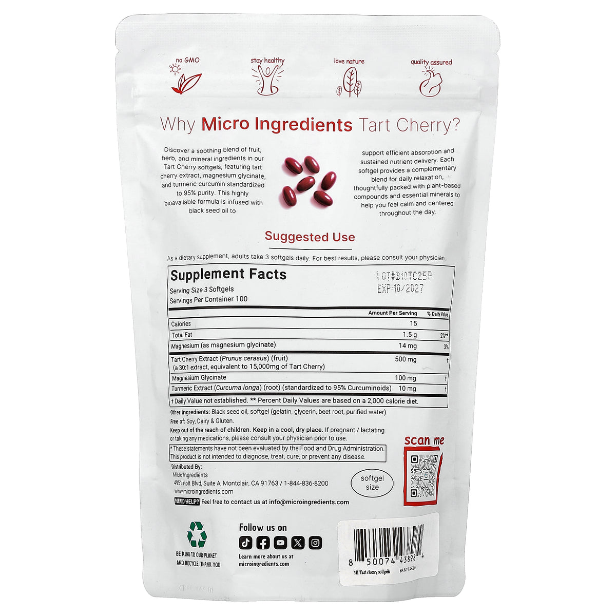 Micro Ingredients, Tart Cherry+, 300 Softgels