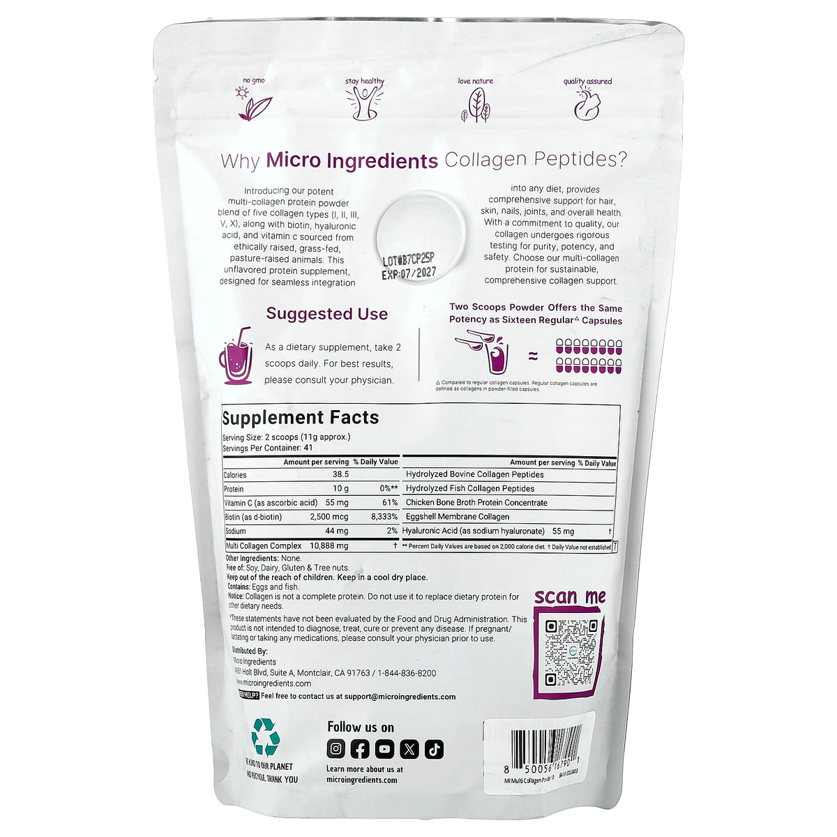 Micro Ingredients, Multi Collagen Peptides, Unflavored, 1 lb (454 g)