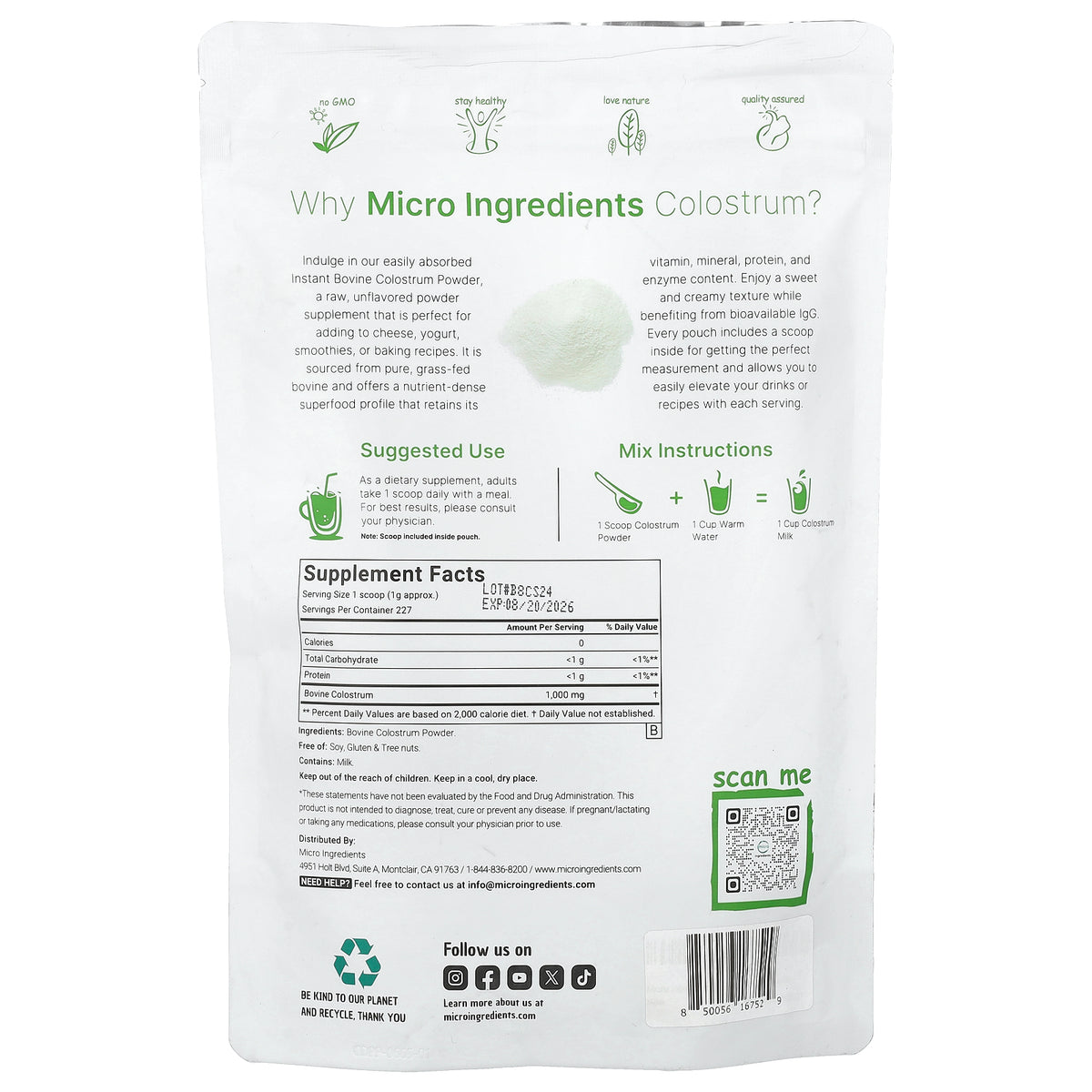 Micro Ingredients, Instant Bovine Colostrum, Unflavored, 8 oz (227 g)