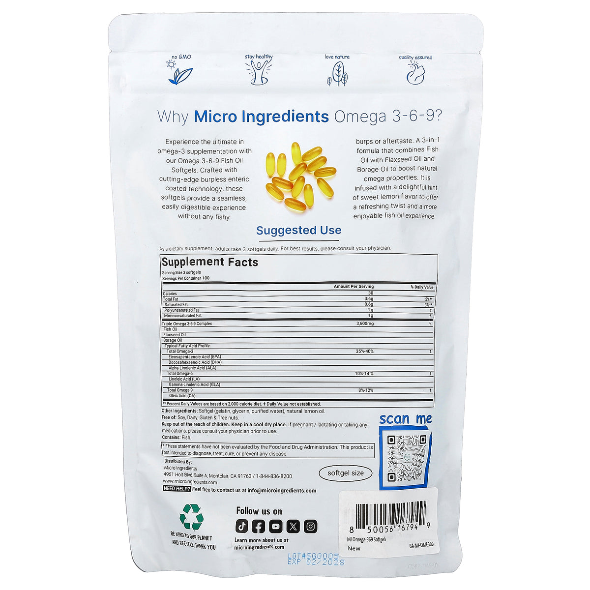 Micro Ingredients, Triple Omega 3-6-9, Lemon, 300 Softgels