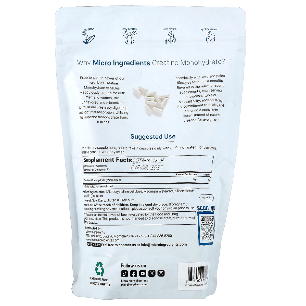 Micro Ingredients, Creatine Monohydrate, 500 Capsules (714.28 mg per Capsule)