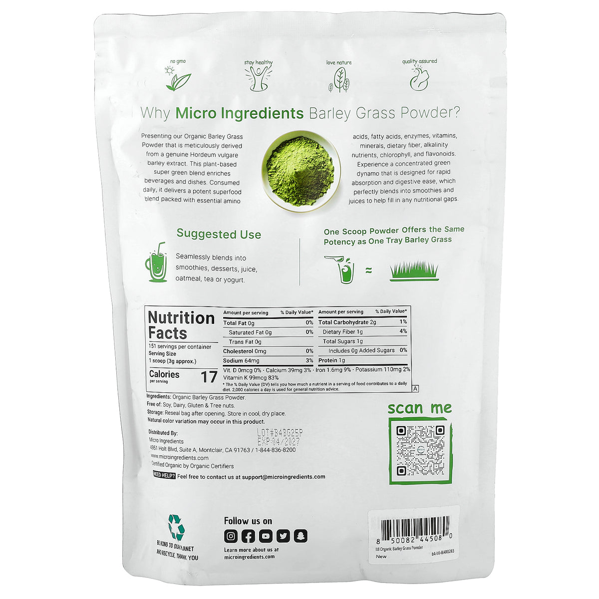 Micro Ingredients, Organic Barley Grass Powder, 16 oz (454 g)