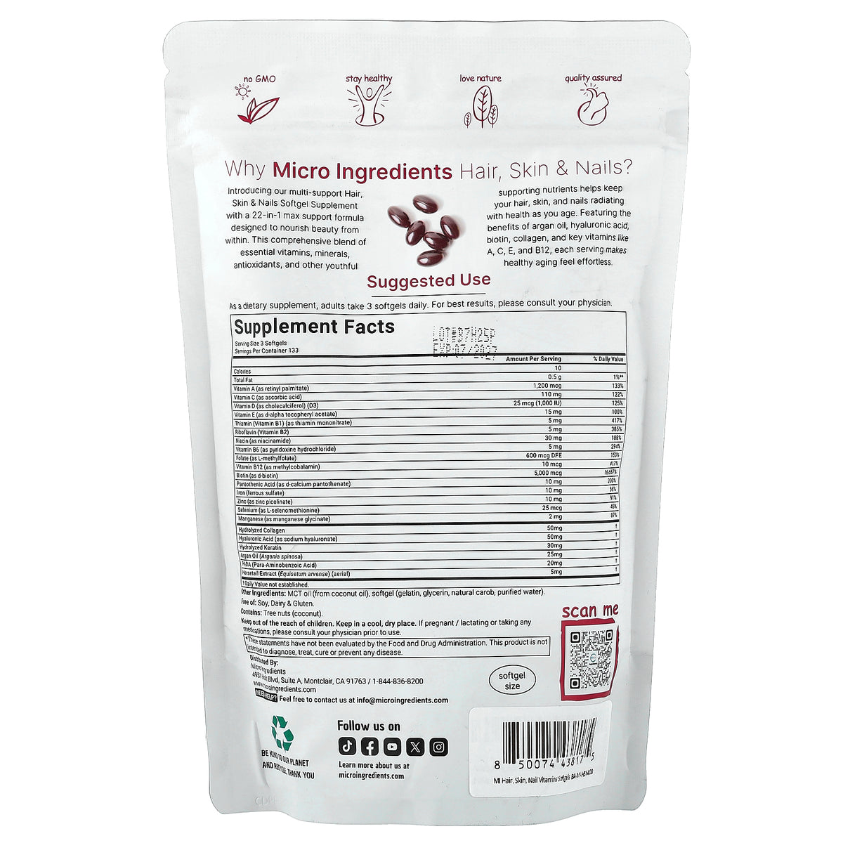 Micro Ingredients, Hair, Skin, Nails, 400 Softgels