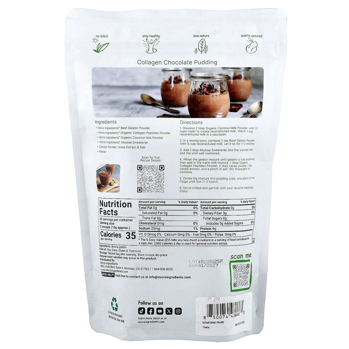 Micro Ingredients, Beef Gelatin Powder, Unflavored, 1 lb (454 g)