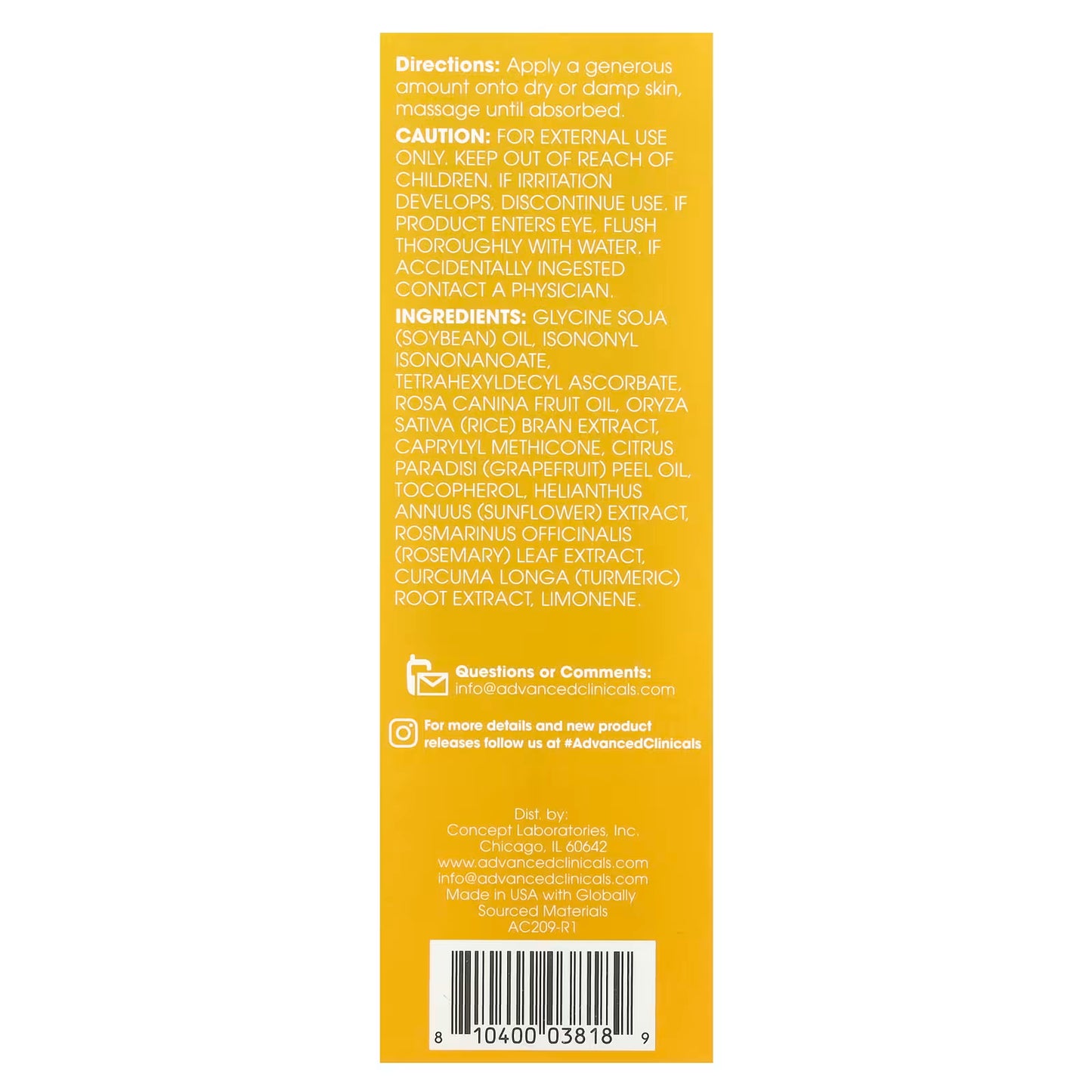Advanced Clinicals, Vitamin C, Brightening Body Oil, 3.8 fl oz (112 ml)