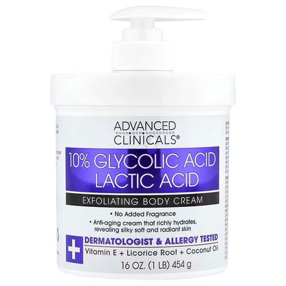 Advanced Clinicals, 10% Glycolic Acid, Lactic Acid, Exfoliating Body Cream, 16 oz (454 g)