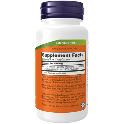 NOW Supplements, Bacopa Extract 450 mg, Brain Health*, 90 Veg Caps