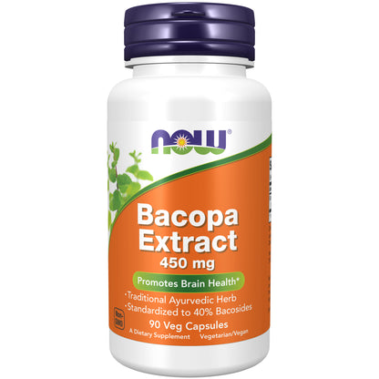 NOW Supplements, Bacopa Extract 450 mg, Brain Health*, 90 Veg Caps