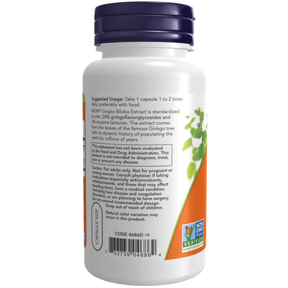 NOW Supplements, Ginkgo Biloba 60 mg, 24% Standardized Extract, Non-GMO Project Verified, 60 Veg Capsules