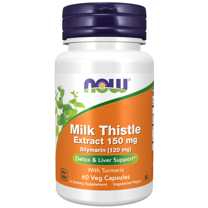 NOW Supplements, Silymarin Milk Thistle Extract 150 mg with Turmeric, Supports Liver Function*, 60 Veg Capsules