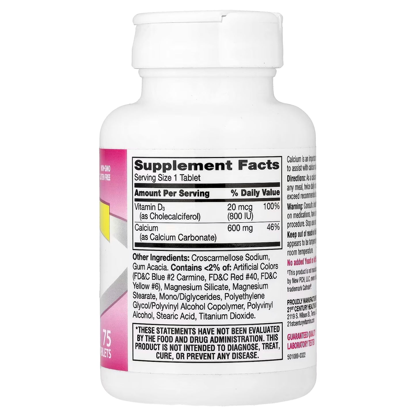21st Century, 600+D3, Calcium & Vitamin D3 Supplement, 75 Tablets