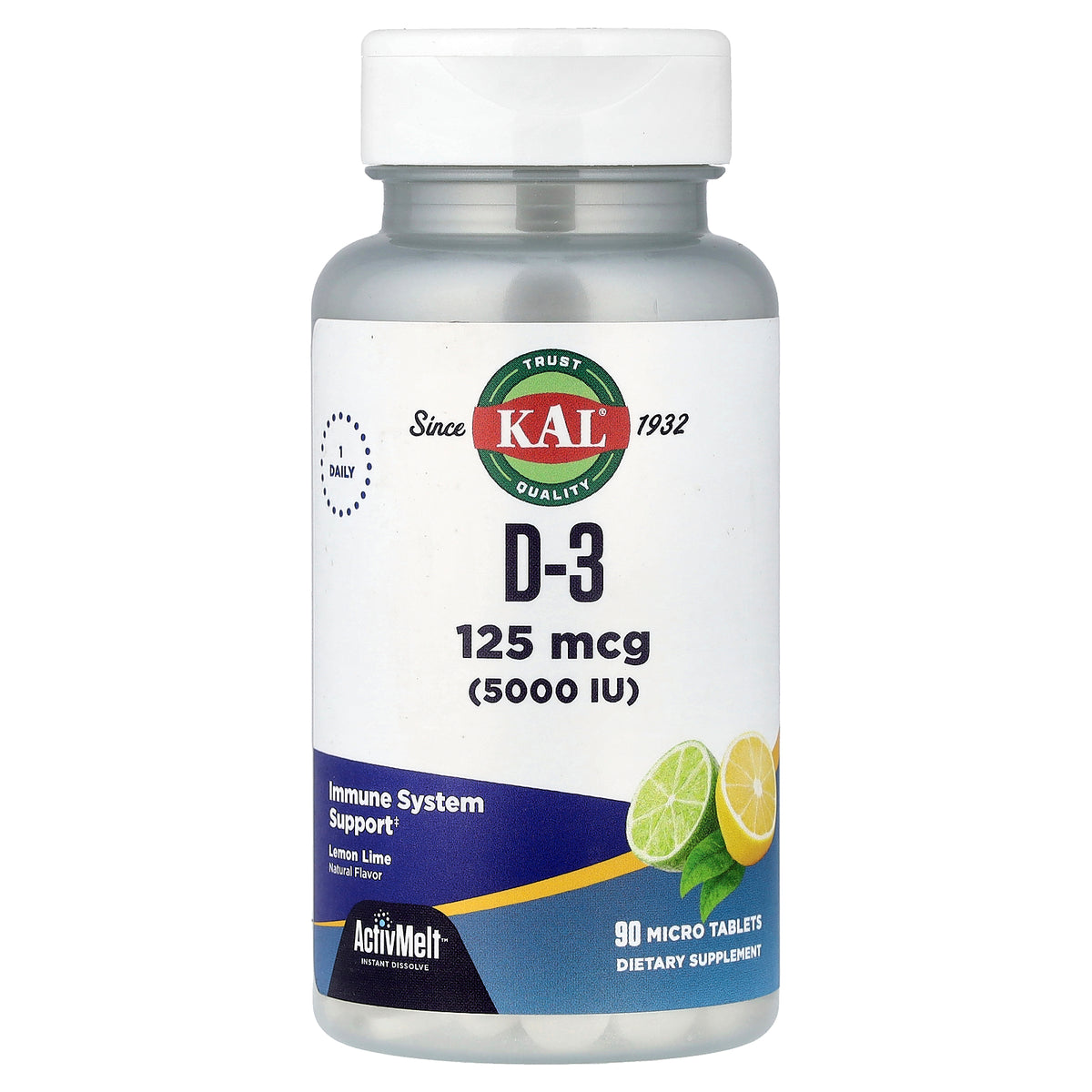 KAL, D-3, Lemon Lime, 125 mcg (5,000 IU), 90 Micro Tablets