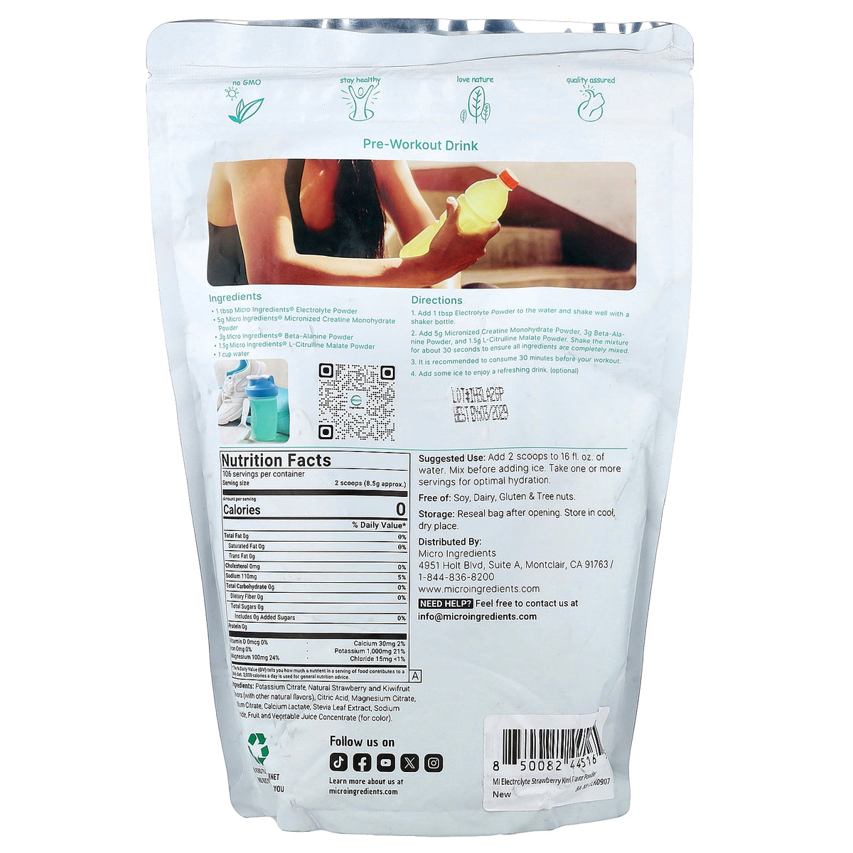 Micro Ingredients, Electrolyte Powder, Strawberry & Kiwi, 2 lb (907 g)