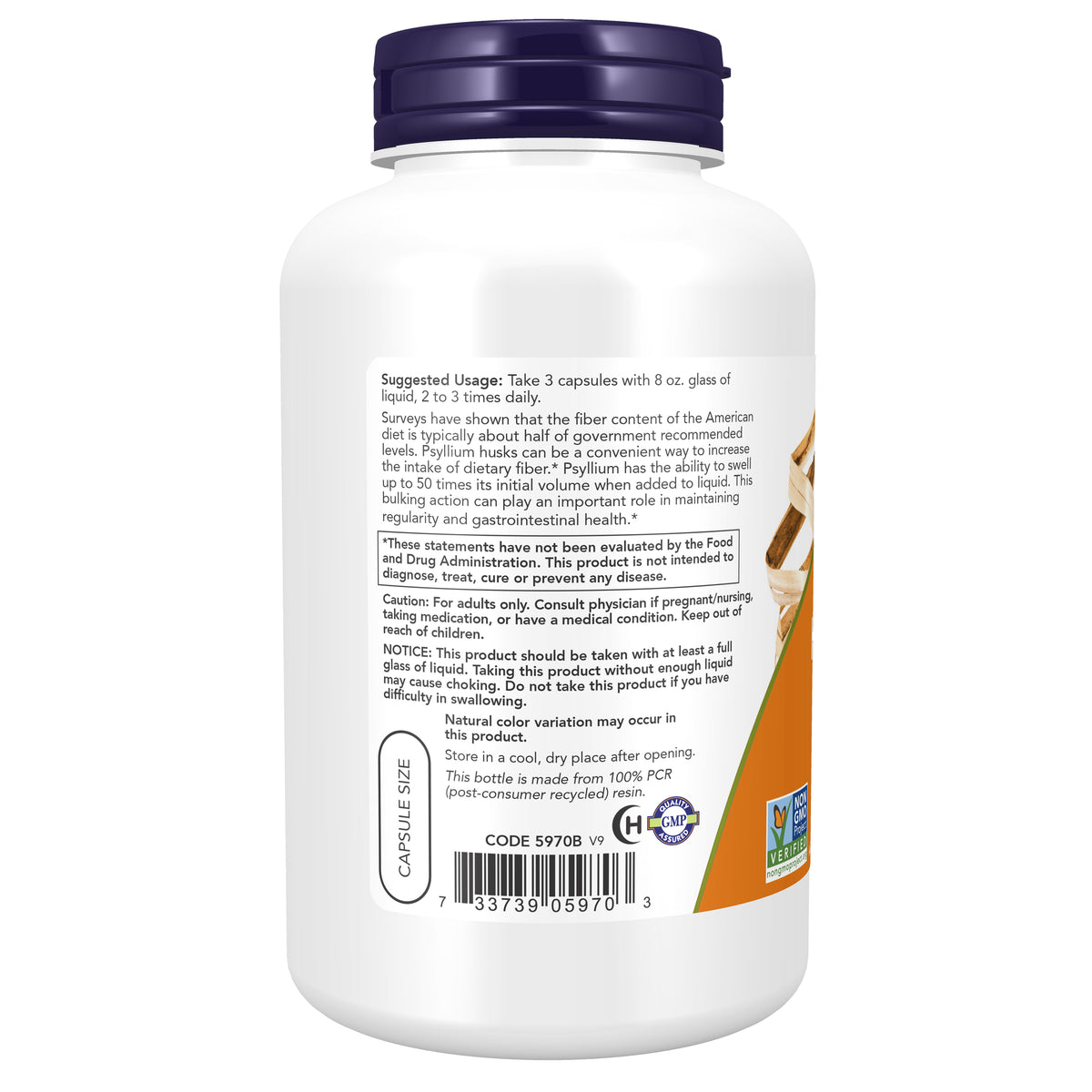 NOW Supplements, Psyllium Husk Caps 500mg, Intestinal Health*, 200 Veg Caps