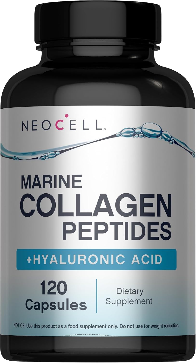 NeoCell Marine Collagen Peptides Capsules | 120 Pills | with Hyaluronic Acid | Plus Vitamin C | for Women and Men