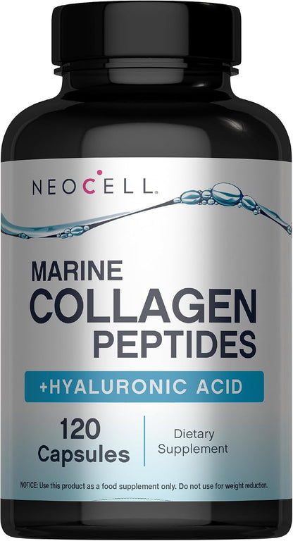 NeoCell Marine Collagen Peptides Capsules | 120 Pills | with Hyaluronic Acid | Plus Vitamin C | for Women and Men