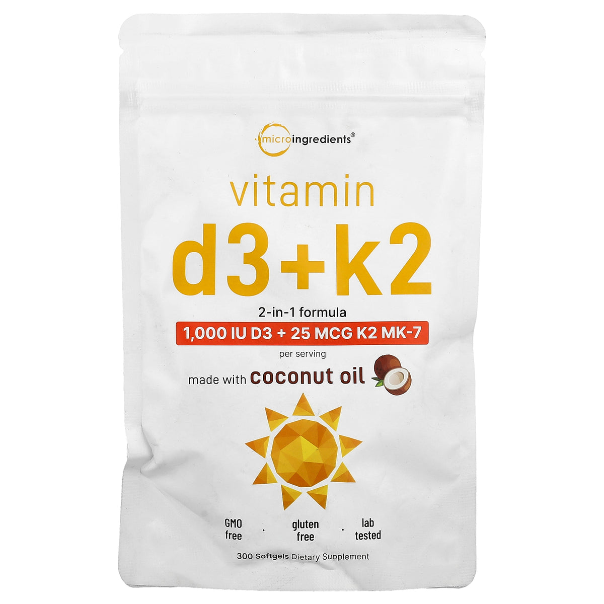 Micro Ingredients, Vitamin D3 + K2, 300 Softgels