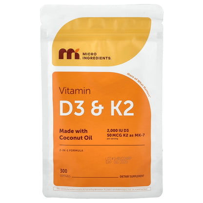 Micro Ingredients, Vitamin D3 + K2, 300 Softgels