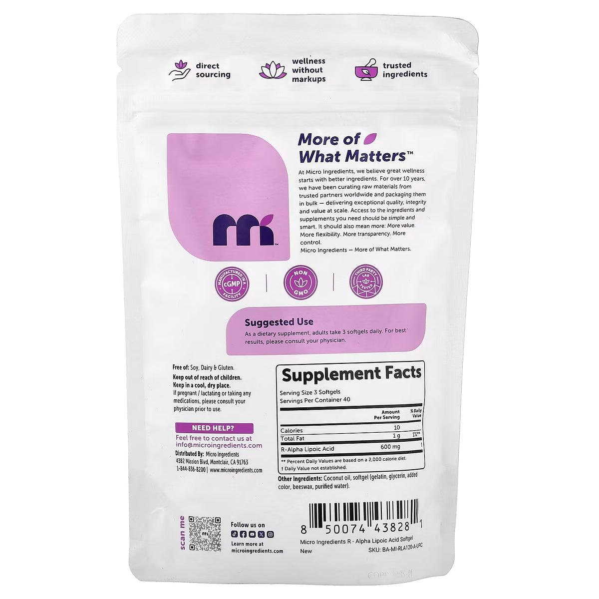 Micro Ingredients, R-Alpha Lipoic Acid, 120 Softgels (200 mg per Softgel)