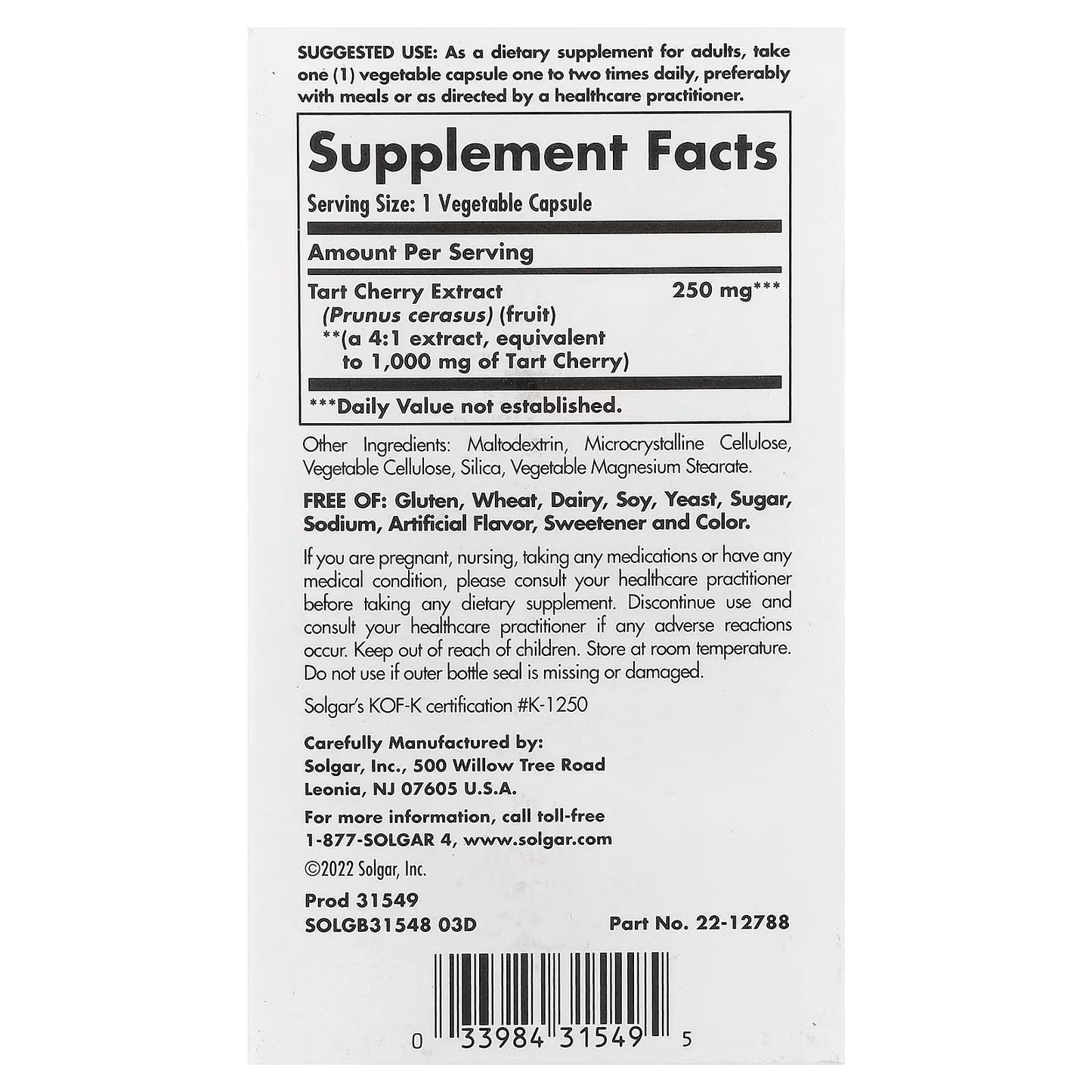 Solgar, Tart Cherry Extract, 1,000 mg, 90 Vegetable Capsules