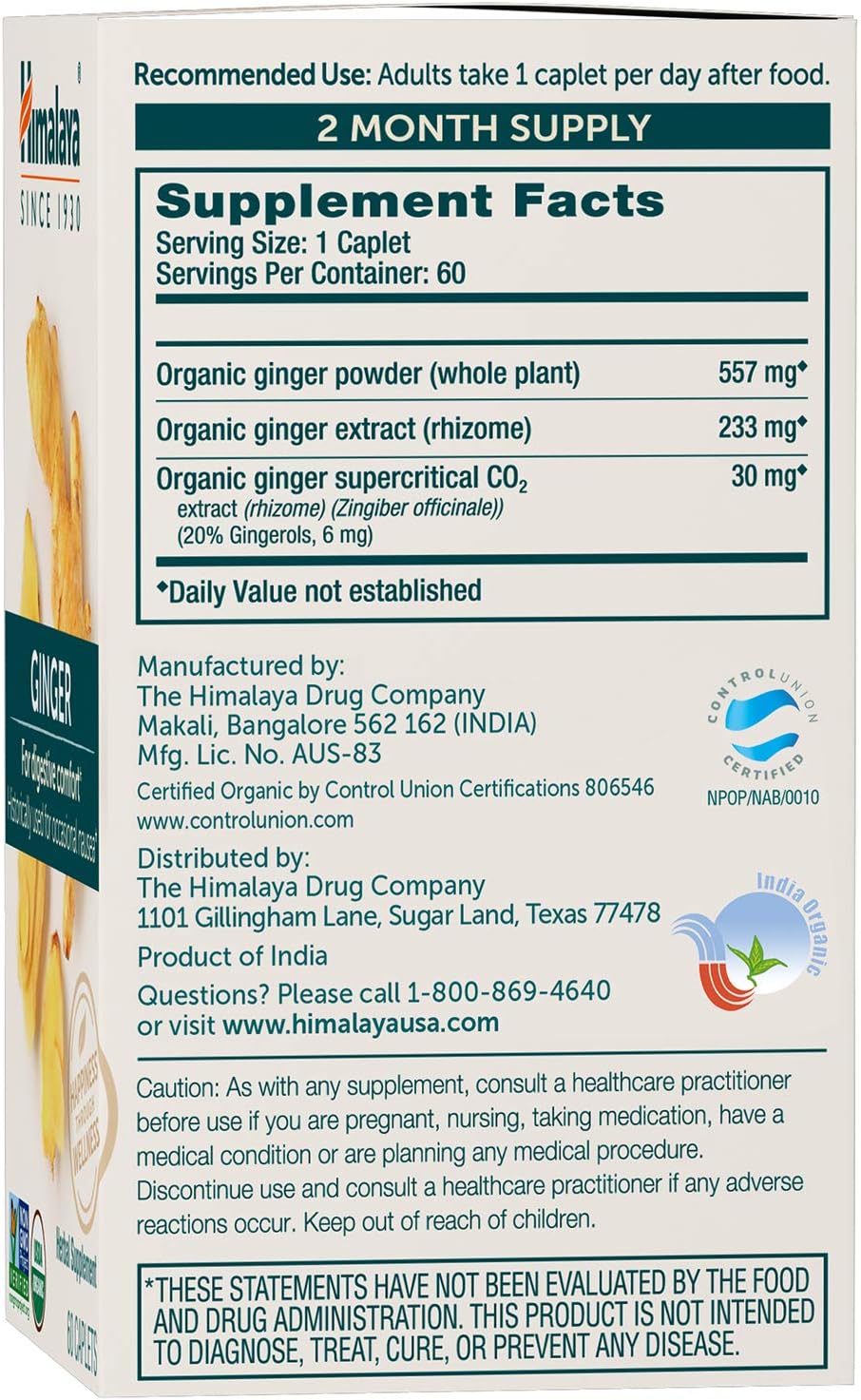Himalaya Organic Ginger Supplement Equivalent to 4,766 mg