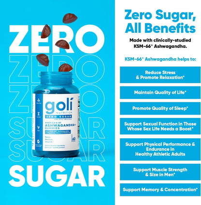 Goli Zero Sugar Ashwagandha & Vitamin D, Maca, L-Theanine Gummies