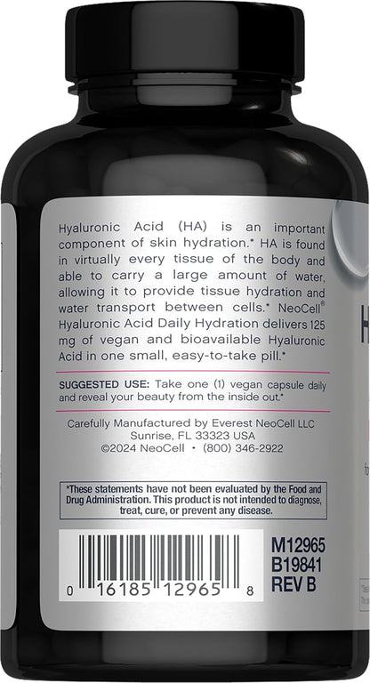 NeoCell Hyaluronic Acid Capsules | 60 Caps | 125 mg | Daily Hydration | Hair, Skin & Nails | Vegan Supplement
