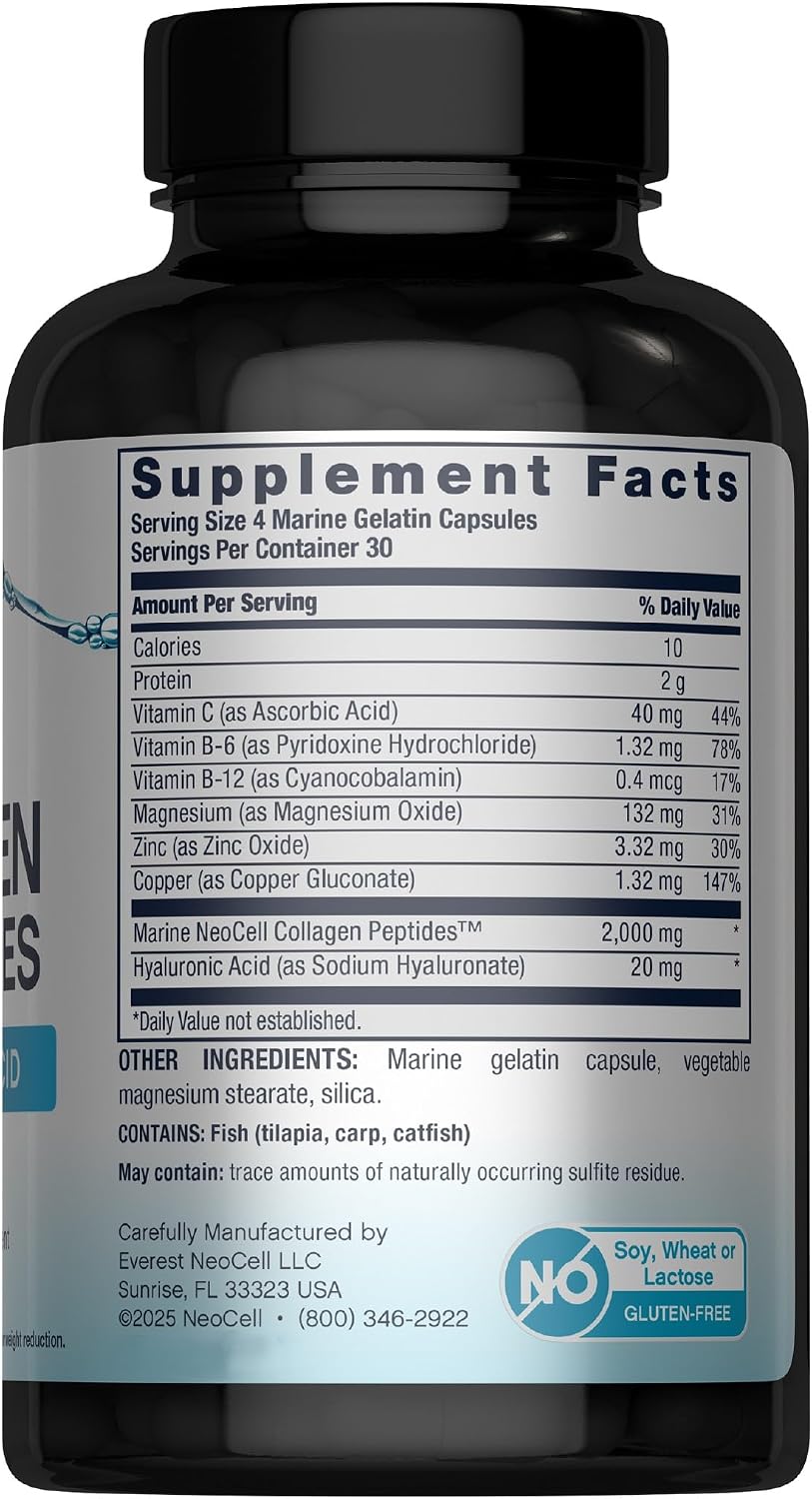NeoCell Marine Collagen Peptides Capsules | 120 Pills | with Hyaluronic Acid | Plus Vitamin C | for Women and Men