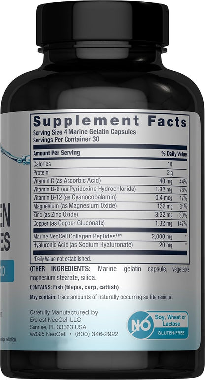 NeoCell Marine Collagen Peptides Capsules | 120 Pills | with Hyaluronic Acid | Plus Vitamin C | for Women and Men