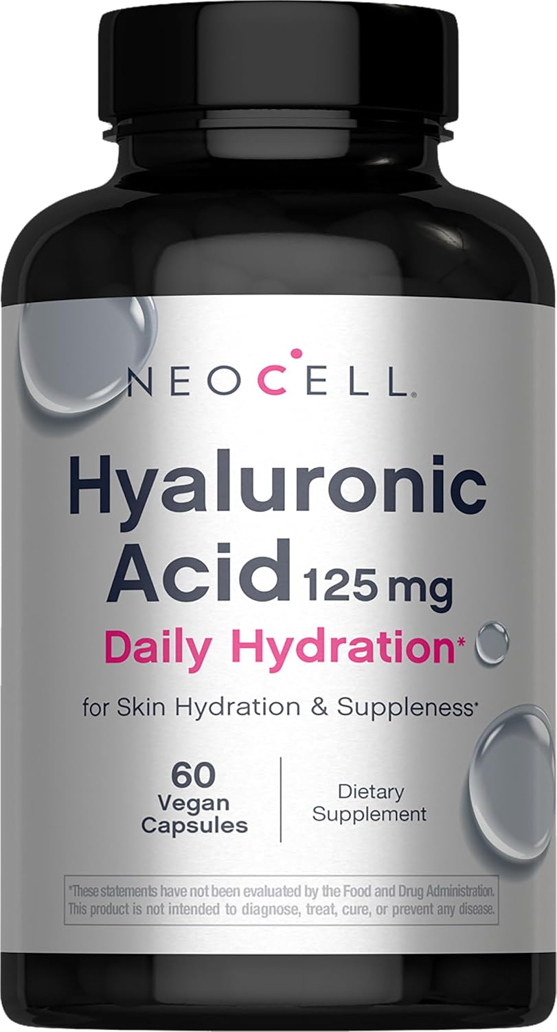 NeoCell Hyaluronic Acid Capsules | 60 Caps | 125 mg | Daily Hydration | Hair, Skin & Nails | Vegan Supplement