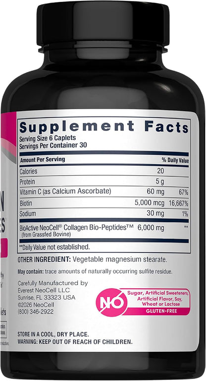 NeoCell Collagen Peptides Pills | 180 Tablets | with Vitamin C and Biotin | Grass Fed Bovine | Hair, Skin, & Nails | for Women and Men