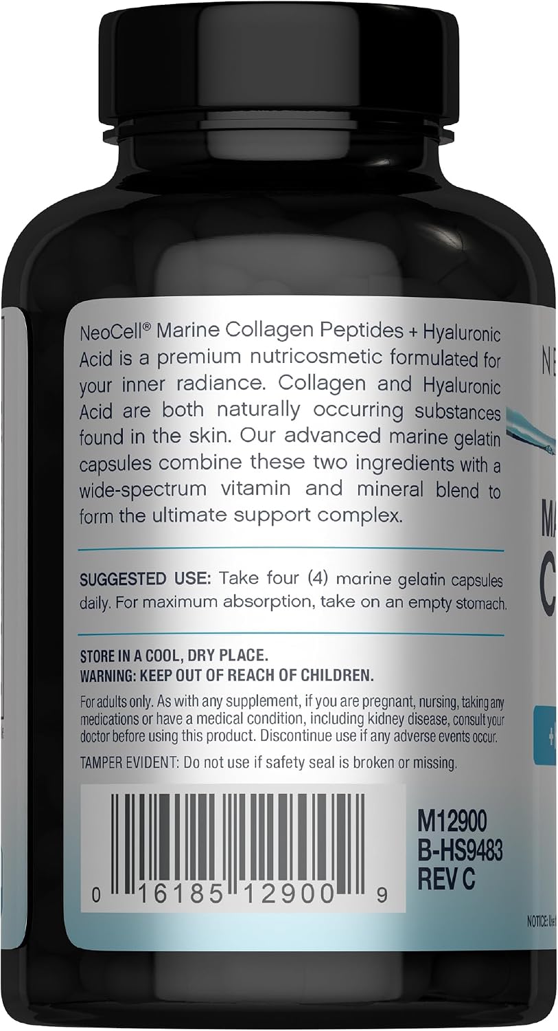NeoCell Marine Collagen Peptides Capsules | 120 Pills | with Hyaluronic Acid | Plus Vitamin C | for Women and Men