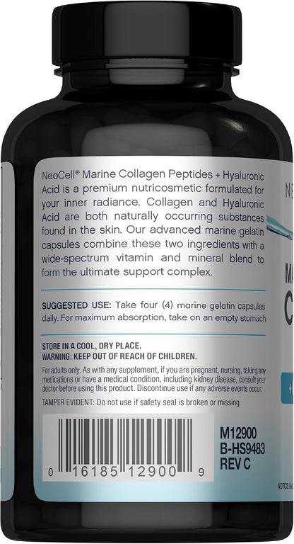 NeoCell Marine Collagen Peptides Capsules | 120 Pills | with Hyaluronic Acid | Plus Vitamin C | for Women and Men