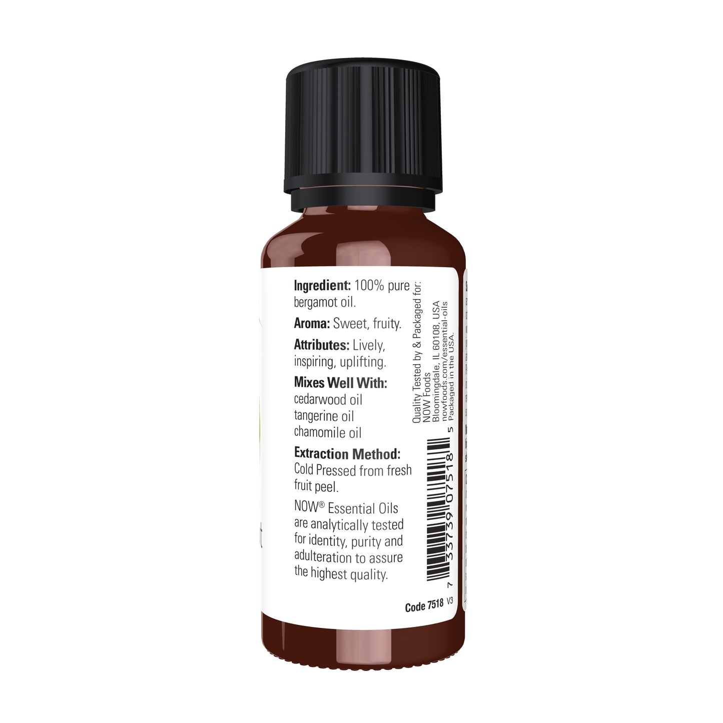 NOW Essential Oils, Bergamot Oil, Undiluted, Cold Pressed, 1 fl. oz