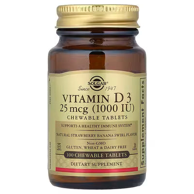 Solgar, Vitamin D3, Natural Strawberry Banana Swirl, 25 mcg (1,000 IU), 100 Chewable Tablets
