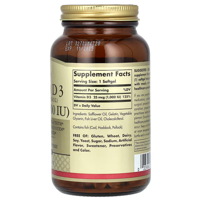 Solgar, Vitamin D3, 25 mcg (1,000 IU), 250 Softgels