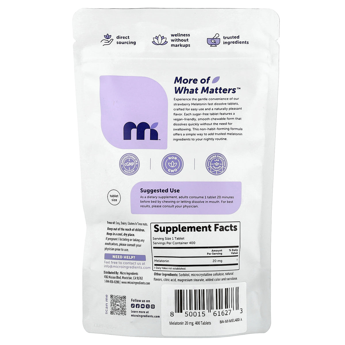 Micro Ingredients, Melatonin, Strawberry, 20 mg, 400 Tablets