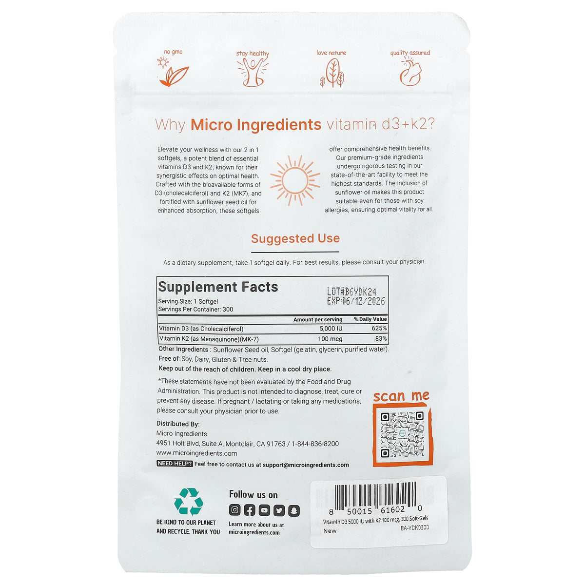 Micro Ingredients, Vitamin D3 + K2, 300 Softgels