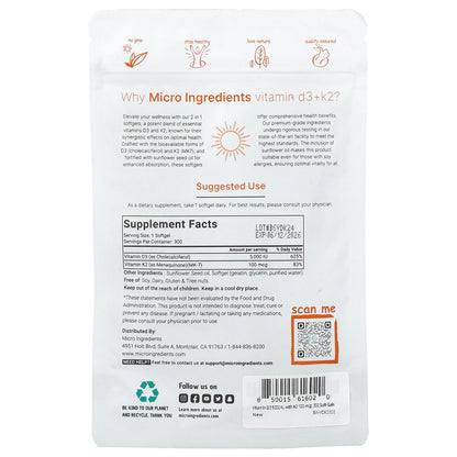 Micro Ingredients, Vitamin D3 + K2, 300 Softgels