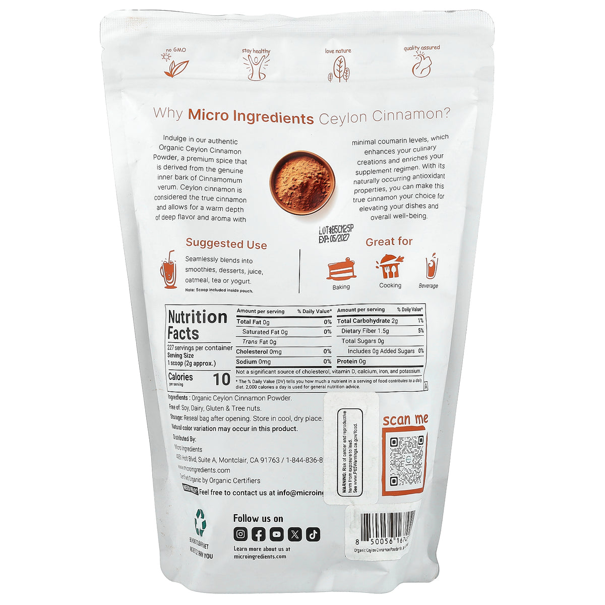 Micro Ingredients, Organic Ceylon Cinnamon Powder, 1 lb (454 g)