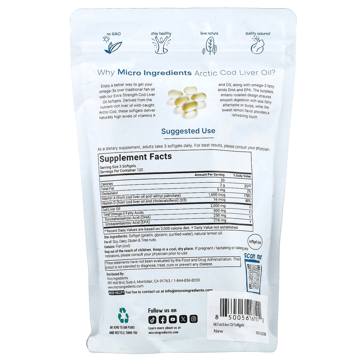 Micro Ingredients, Arctic Cod Liver Oil, Lemon, 360 Softgels (666 mg per Softgel)